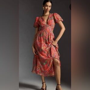 Anthropologie Pink Ruffled Maxi Sundress with Plunge Neckline